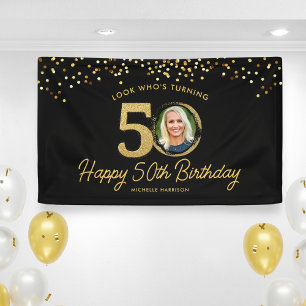 Black Gold Glitter 50th Birthday Party Your Photo Banner
