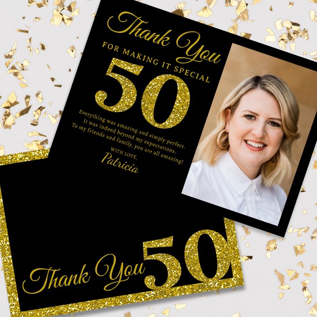 Black Gold Glitter 50th Birthday Photo Thank You (Black and Gold Glitter 50th Birthday Thank You Cards | Unique Photo Keepsakes)