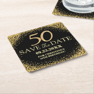 Black Gold Glitter 50th Birthday Save the Date Square Paper Coaster