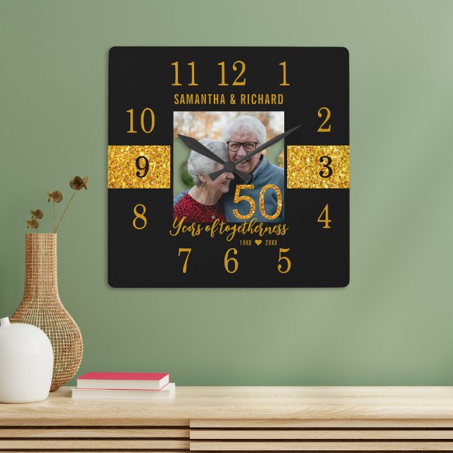 Black Gold Glitter 50th Wedding Anniversary Photo Square Wall Clock (Black Gold Glitter 50th Wedding Anniversary Photo Square Wall Clock)