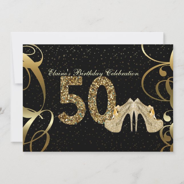 Black Gold Glitter 50th Woman Birthday Invitation (Front)