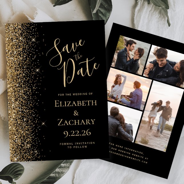 Black Gold Glitter 5-Photo Save the Date Card (Creator Uploaded)