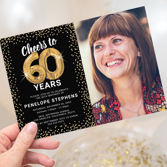 Black Gold Glitter 60th Birthday Photo Invitation (Creator Uploaded)