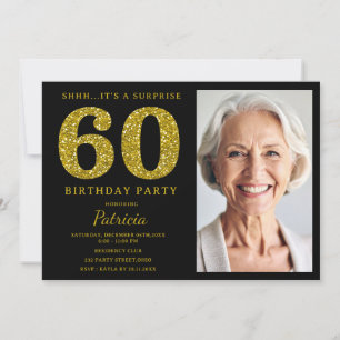 Black Gold Glitter 60th Surprise Birthday Photo Invitation