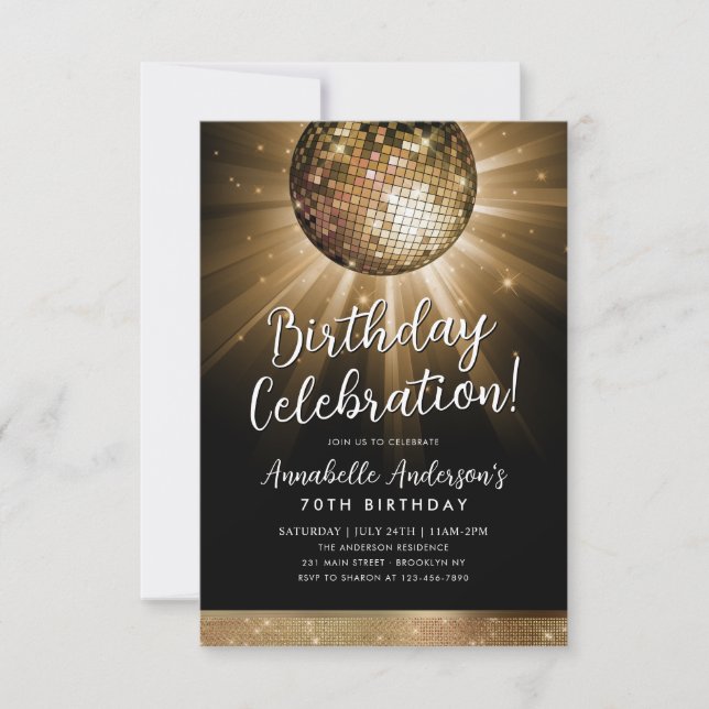 Black Gold Glitter 70s Party Disco Ball Birthday Card (Front)