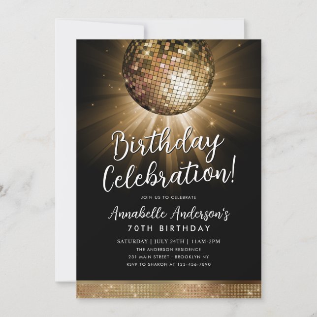 Black Gold Glitter 70s Party Disco Ball Birthday Invitation (Front)