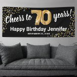 Black Gold Glitter 70th Birthday Banner<br><div class="desc">Celebrate a milestone birthday in style with our elegant seventieth birthday party banner. Boasting a customisable stylish black background, faux gold sparkle, and modern 70th birthday celebration text, this banner is the perfect way to make a statement. Plus, our seventy gold helium balloons add an extra touch of glamour. Easily...</div>