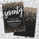 Black Gold Glitter 70th Birthday Invitation<br><div class="desc">Introducing a chic and celebratory 70th birthday party invitation, perfect for marking this special milestone in style. The elegant design features a mix of gold and silver glitter confetti, adding a touch of fun and festivity. At the top, "Seventy" is prominently displayed in bold calligraphy, setting the tone for an...</div>