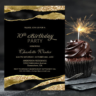 Black Gold Glitter 70th Birthday Party Invitation