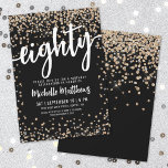 Black Gold Glitter 80th Birthday Invitation<br><div class="desc">Introducing a chic and celebratory 80th birthday party invitation, perfect for marking this special milestone in style. The elegant design features a mix of gold and silver glitter confetti, adding a touch of fun and festivity. At the top, "Eighty" is prominently displayed in bold calligraphy, setting the tone for an...</div>