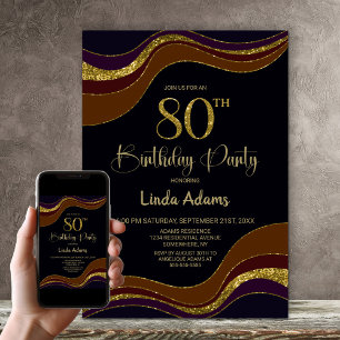 Black Gold Glitter 80th Birthday Party Invitation