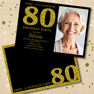 Black Gold Glitter 80th Surprise Birthday Photo Invitation
