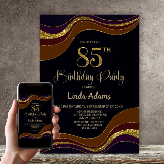 Black Gold Glitter 85th Birthday Party Invitation (Creator Uploaded)