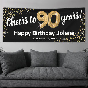 Black Gold Glitter 90th Birthday Banner