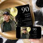 Black & Gold Glitter 90th Birthday  Invitation<br><div class="desc">Celebrate your special day in style with our black and gold glitter balloon birthday invitation! This stunning customisable invitation features a sleek black background with an eye-catching gold balloon and a cascade of gold glitter, creating a sophisticated and festive design that will make your guests feel excited to attend your...</div>