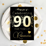 Black Gold Glitter 90th Birthday Party<br><div class="desc">Celebrate an 90th birthday in style with our fun black and gold themed invitation! The front features a striking gold foil design with charming gold flecks and a heart. Flip it over to find all the party details, highlighted with gold simulated art and text. Personalise your invitation with customisable options...</div>