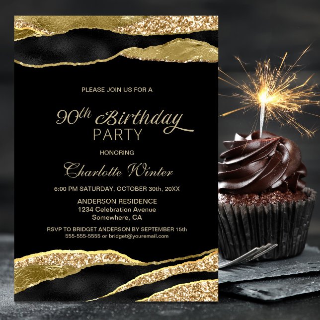 Black Gold Glitter 90th Birthday Party Invitation (Creator Uploaded)