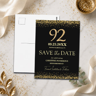 Black Gold Glitter 92nd Birthday Save the Date Postcard