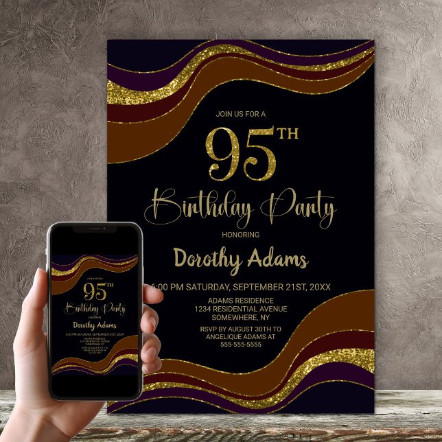 Black Gold Glitter 95th Birthday Party Invitation (Creator Uploaded)