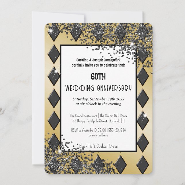 Black Gold Glitter Ace of Diamonds Invitation (Front)