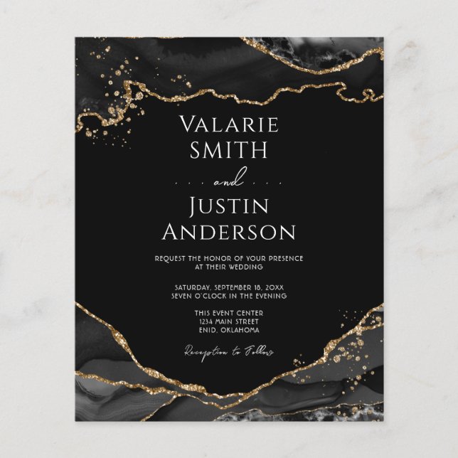 Black Gold Glitter Agate Wedding Invitation Flyer (Front)
