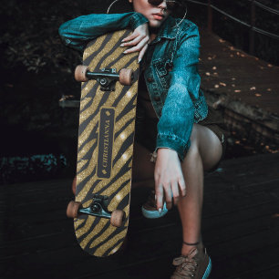 Black & Gold Glitter Animal Zebra Tiger Stripe  Skateboard