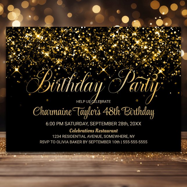 Black Gold Glitter Any Age Birthday Party Invitation (Creator Uploaded)