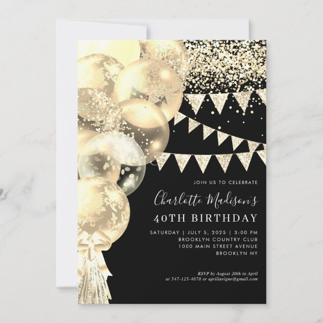 Black Gold Glitter Balloon Tassel Any Age Birthday Invitation (Front)