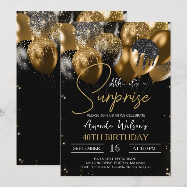 Black Gold Glitter Balloons 40th Surprise Birthday Invitation (Front/Back)