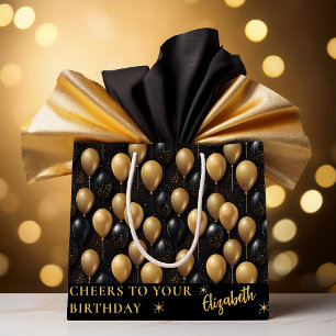 Black Gold Glitter Balloons Birthday Cheers Large Gift Bag