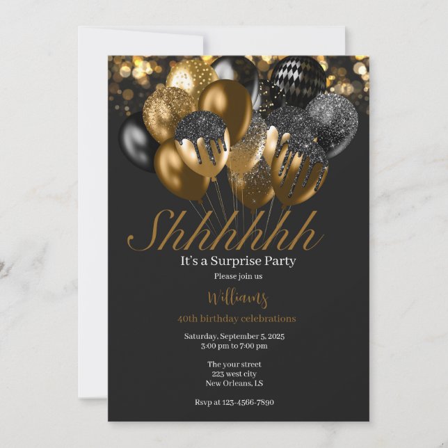 black Gold glitter balloons birthday invite (Front)