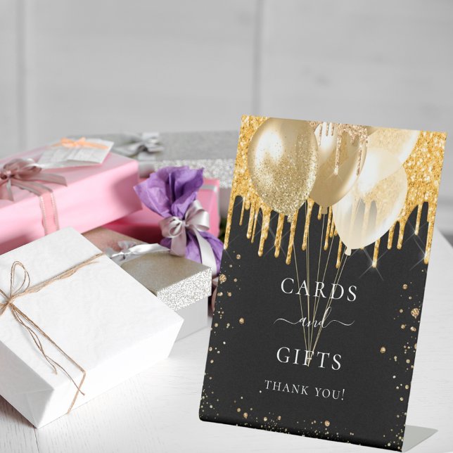 Black gold glitter balloons cards gifts pedestal sign (Creator Uploaded)