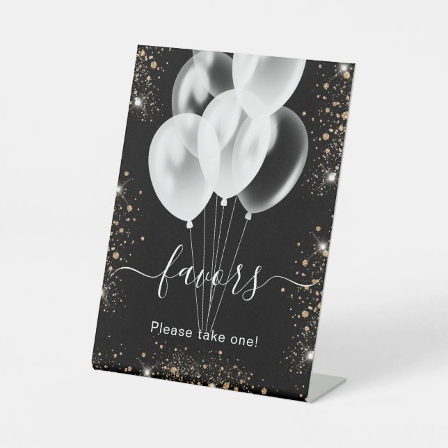 Black gold glitter balloons favours guest sign (Front)