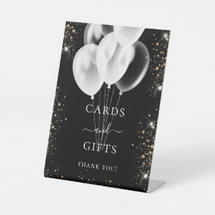 Black gold glitter balloons gifts cards guest pedestal sign