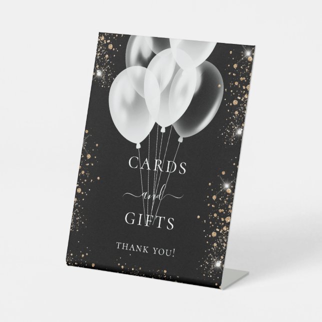 Black gold glitter balloons gifts cards guest pedestal sign (Front)