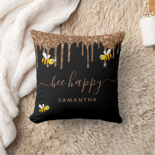 Black gold glitter bee happy name cushion