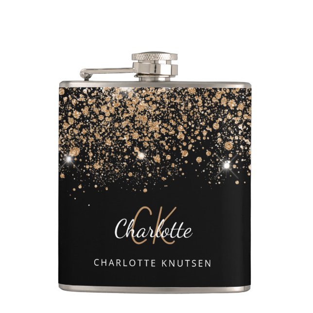 Black gold glitter best friends monogram hip flask (Front)