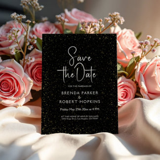 Black & Gold Glitter Black Script On White Invitation