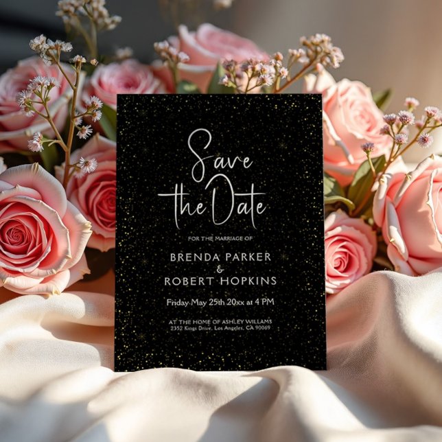 Black & Gold Glitter Black Script On White Invitation (Creator Uploaded)
