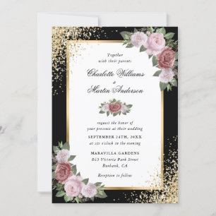 Black Gold Glitter Blush Pink Floral Wedding Invitation