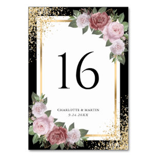 Black Gold Glitter Blush Pink Floral Wedding Table Number