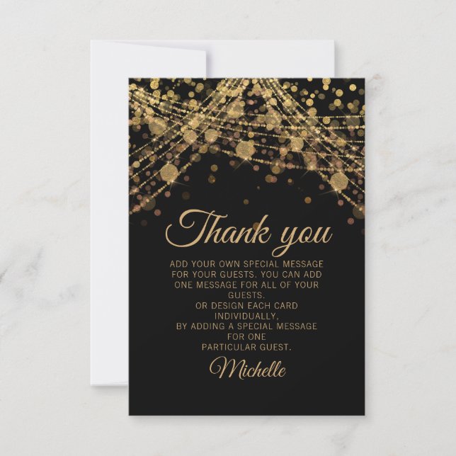 Black Gold Glitter Bokeh Birthday Party Thank You Card (Front)