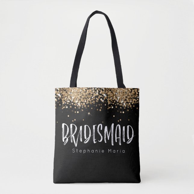 black gold glitter bridesmaid gift custom name tote bag (Front)
