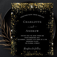 Black gold glitter budget wedding invitation