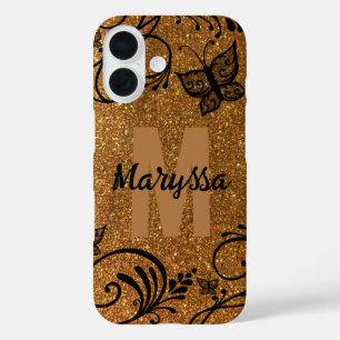 Black Gold Glitter Butterfly Flower Monogram Name iPhone 16 Case