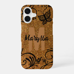 Black Gold Glitter Butterfly Flower Monogram Name iPhone 16 Case