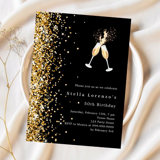 Black gold glitter cheers birthday invitation (Creator Uploaded)