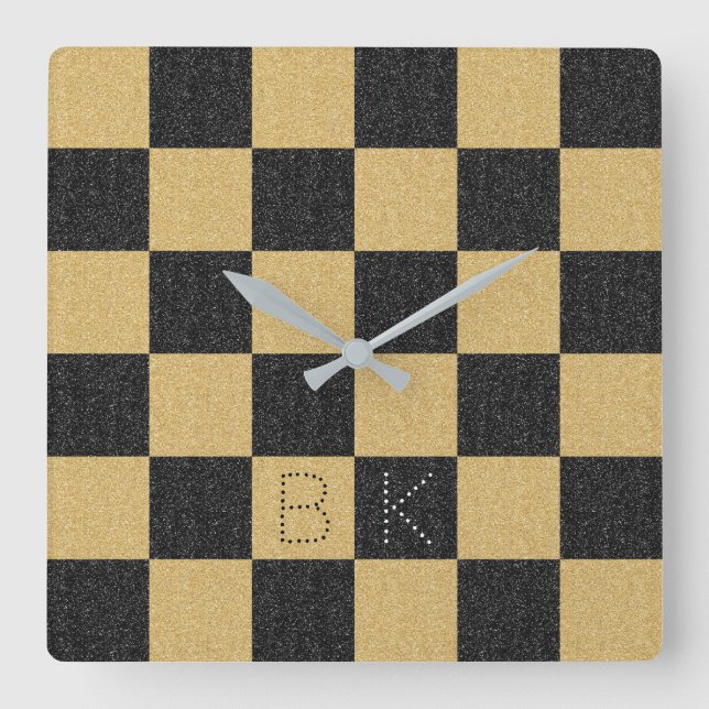 Black Gold Glitter Chequered Chic Trendy Monogram Square Wall Clock (Front)