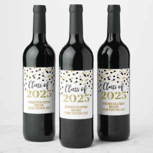 Black Gold Glitter Class of 2025 Graduation Wine Label