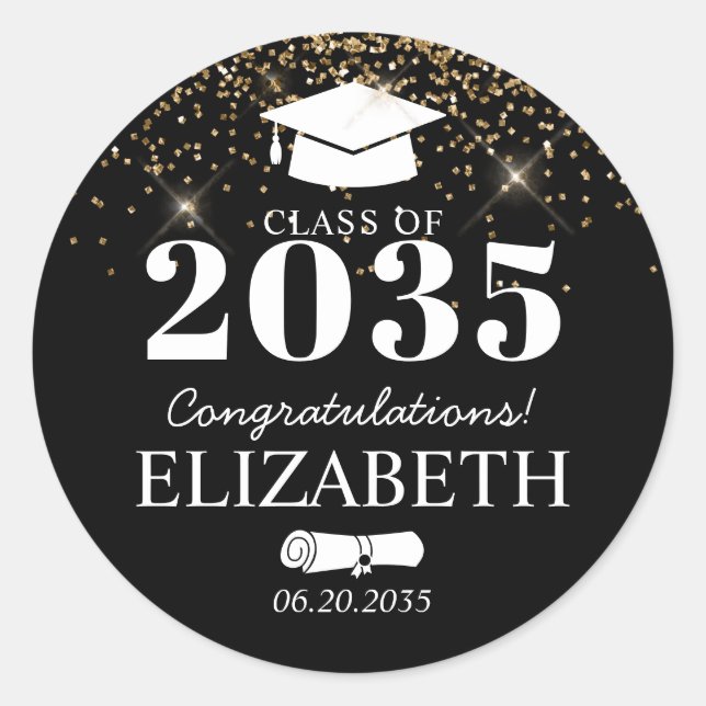 Black Gold Glitter Class of Grad Graduation Party Classic Round Sticker (Front)